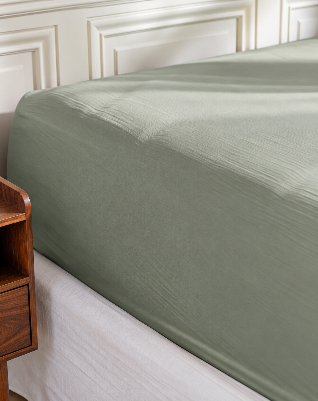 Plumelle Earth Fitted Sheet in Sage on a made bed