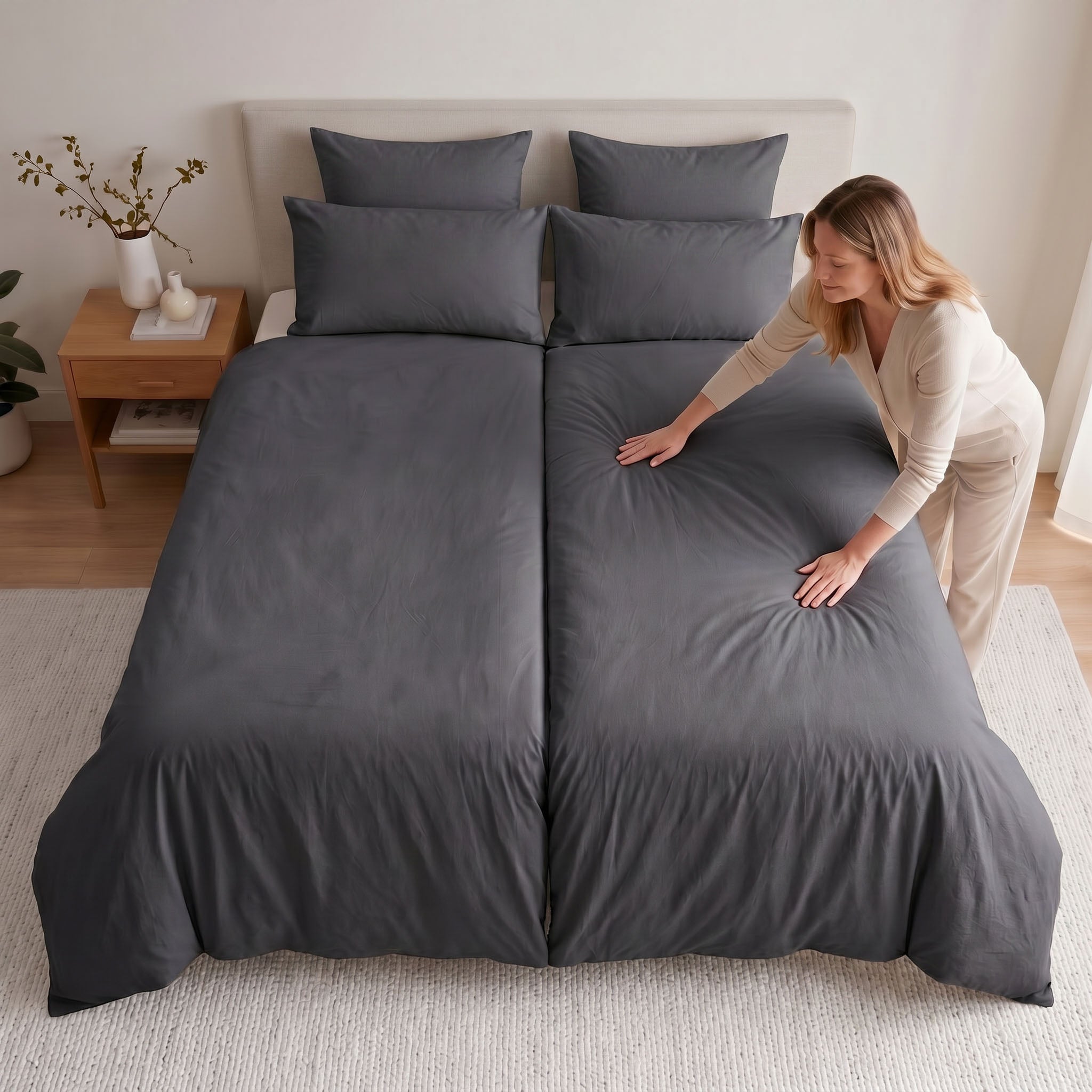 Plumelle waschbare Bettdecke in Charcoal auf einem Bett in einem minimalistischen Schlafzimmer, Frau glättet die nahtlose 100% Baumwoll Decke.
