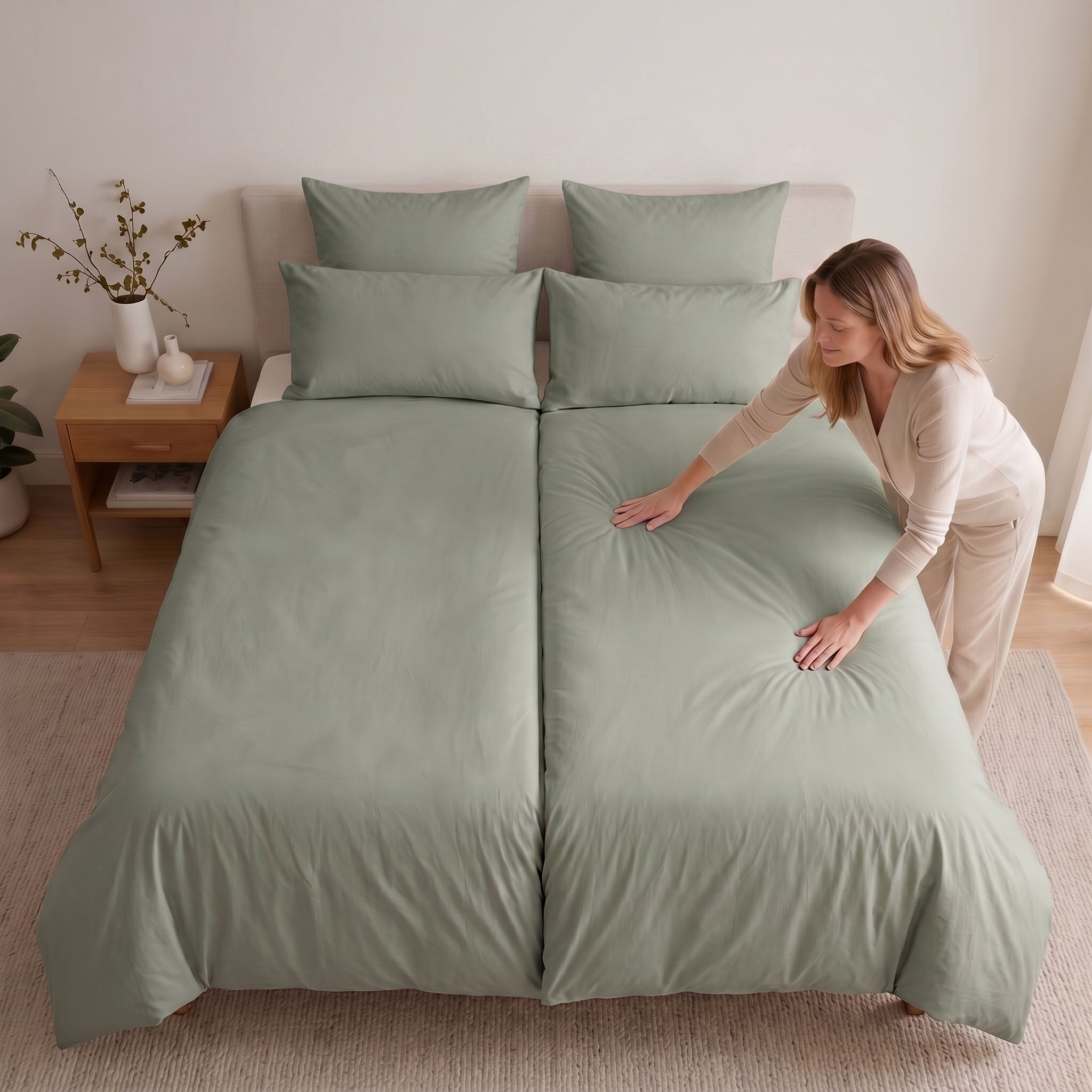 Plumelle wasbaar dekbed in Sage netjes opgemaakt op bed in lichte minimalistische slaapkamer, vrouw strijkt het glad, naadloos 100% katoen.