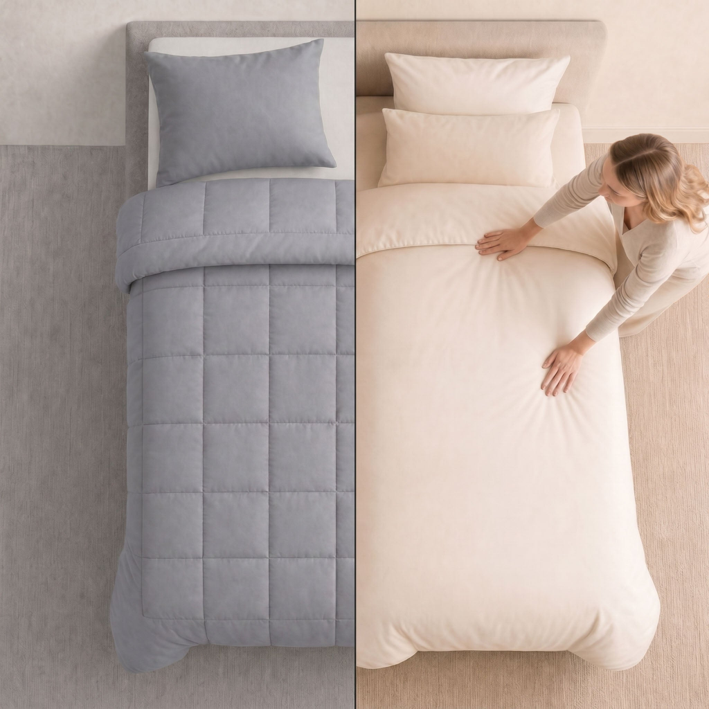 Two beds with gray and Pluimelle beige comforters and pillows, one with a person adjusting bedding.
