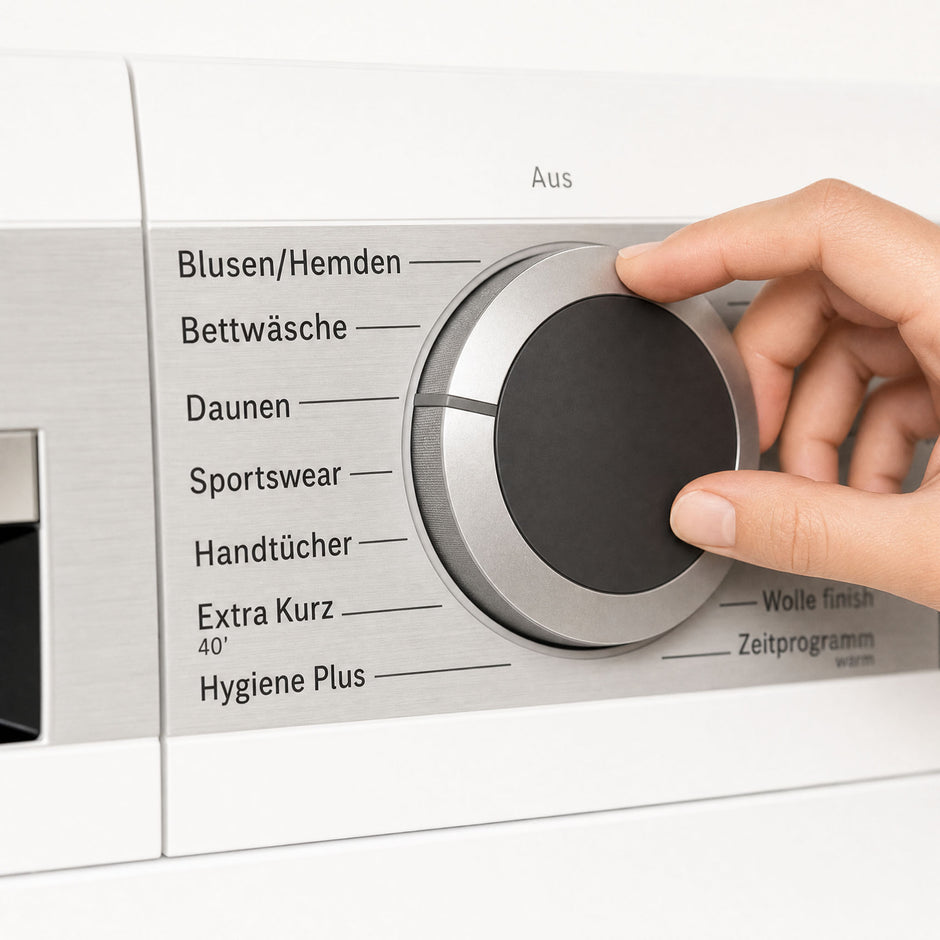 Plumelle waschbare Bettdecke Hand wählt das passende Trockenprogramm an der Maschine für hygienische Pflege.