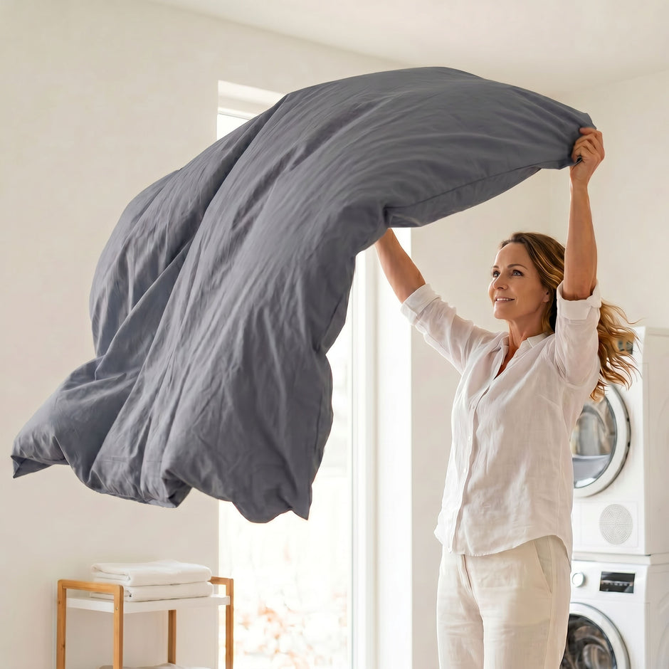 Plumelle waschbare Bettdecke in Charcoal wird von einer Frau zum Trocknen hochgehalten, nahtlose Konstruktion aus 100% Baumwolle in hellem Waschraum.