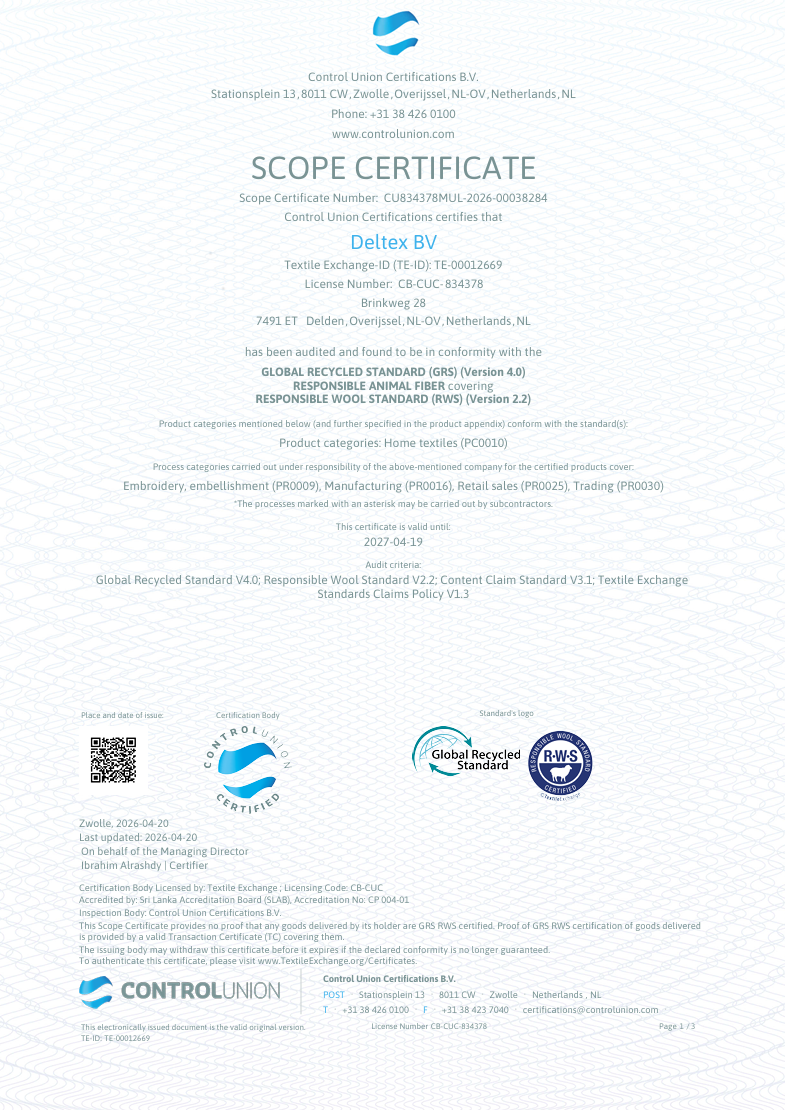 Scope Certificate from Control Union verifying Deltex BV’s GRS and RWS certification for home textiles. Valid until April 2027.