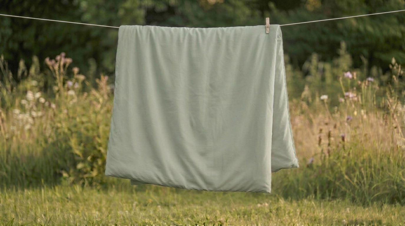 Plumelle waschbare Bettdecke in Sage an der Wäscheleine hängend, nahtlose 100% Baumwolle, vollständig waschbar bei 60°C und schnell trocknend.